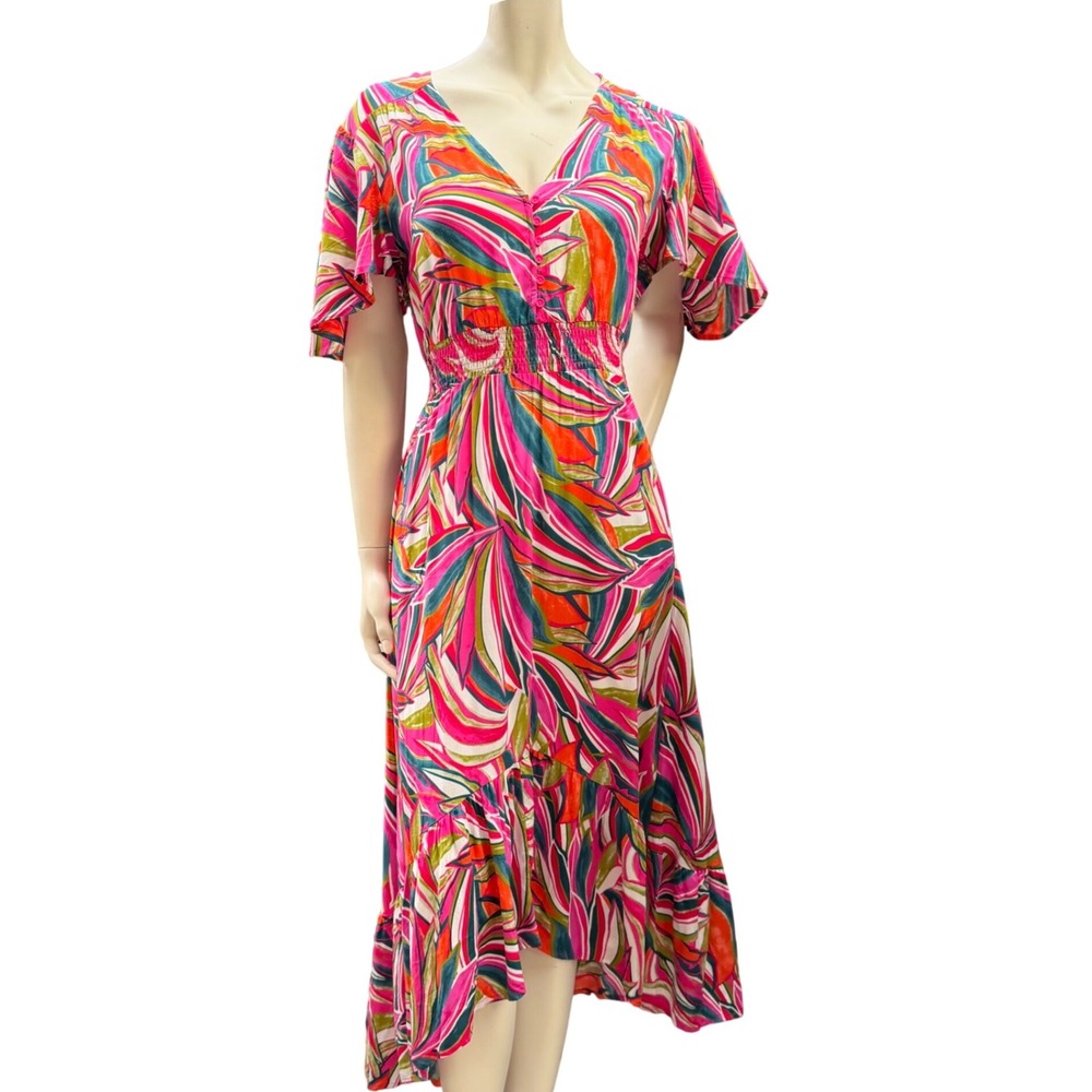 Anthropologie Abel The Label Tropical Leaf Print Smocked High Low Midi Dress S